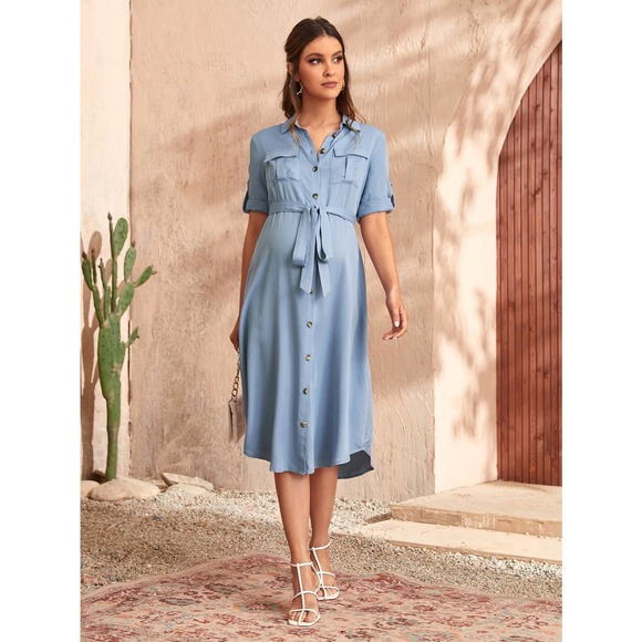 Maternity Roll Tab Sleeve Flap Pocket Belted button down shirt Dress light blue - Picture 2 of 5